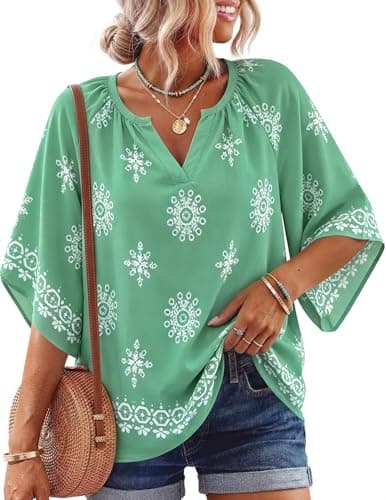 NILOINE Boho Summer Shirts Tops for Women 3/4 Sleeve Dressy V Neck Beach Tunic Tops Short Sleeve Fashion Business Blouses Plus Size Holiday(1-Light Green,Large) - Image 1