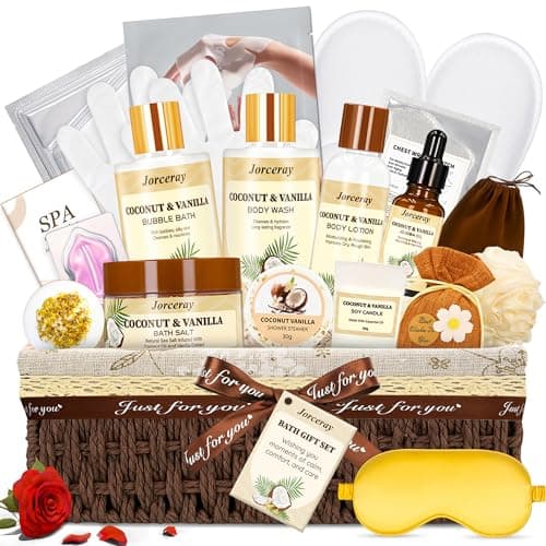 Jorceray 22PCS Spa Gift Baskets for Women, Luxury Bath and Body Gift Basket Set for Women Coconut Vanilla Spa Kit Relaxing Spa Self Care Gift for Her Wife Lover Mom Sister Friend - Image 1