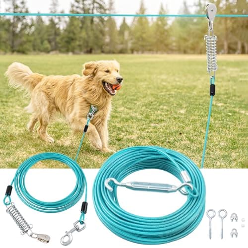 LUFFWELL 200FT Dog Runner for Yard with 15FT Tie Out Cable - Heavy Duty Trolley System for Large Dogs Up to 250LBS, Backyard/Park/Camping Use (Ice Blue, 200FT+15FT)