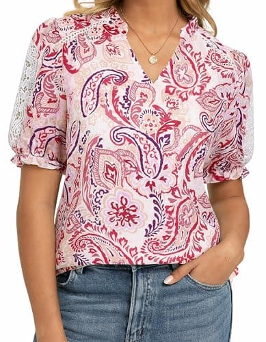GRACE KARIN Women Boho Floral Tops, Summer Short Sleeve Shirts, V Neck Dressy Casual Blouse Work Printed 2026 Spring Trendy Beige Red XX-Large - Image 1