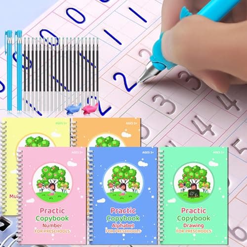 WANFRES Magic grooved Writing Practice Books Great for Beginners, 5 Books, 2 pens, 2 Pencil Grips, 20 Refills. grooved Handwriting Practice for Kids 3-10, Reusable grooved Handwriting workbooks. - Image 1