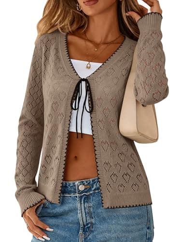 Biodeer Women's Crochet Cardigan Sweater Long Sleeve Tie Front Top Pointelle Hollow Out Knit Shrug Light Brown - Image 1