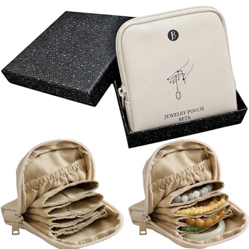 tianzong Small Travel Jewelry Case, Gift for Women, Tangle-Free Jewelry Pouch Bag with Gift Box, Waterproof PU Jewelry Organizer for Valuables (Beige, Single Zipper) - Image 1