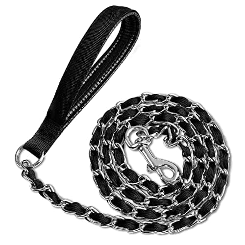 LUFFWELL Heavy Duty Metal Dog Chain Leash with Comfortable PU Leather Padded Handle, Chew Proof for Medium Large Pooch Walking Training (4FT 3.5mm Black) - Image 1