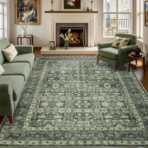 Dotiiorug 5x7 Washable Area Rugs Vintage Boho Floral Rug for Living Room Bedroom, Non Slip Low Pile Carpet 102 Green - Image 1