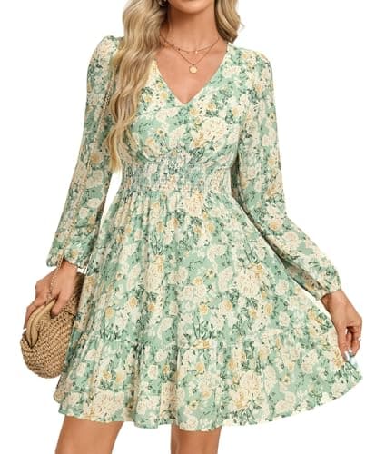 GRACE KARIN Summer Floral Mini Dress 2026 Fall Long Sleeve Wedding Guest Dress A Line Flowy Boho Short Dresses with Pockets Green White Floral 2XL - Image 1
