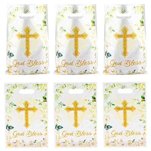 LERCTH 30 PCS God Bless Gift Bags, 6.5x9.8inches Cross & Floral Design Plastic Treat Bags with Handles, Religious Party Favor Bags for Baptism, First Communion, Confirmation & Christian Celebration Supplies - Image 1