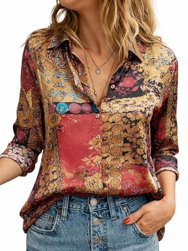 CUNLIN Women Puff Long Sleeve Spring Tops Button Down Shirts Dressy Casual Floral Blouse Boho Fashion Silk Blouse Multi-Color Patchwork Paisley Size L - Image 1