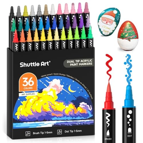 Shuttle Art 36 Colors Dual Tip Acrylic Paint Markers, Brush Tip and Dot Tip Acrylic Paint Pens for Rock Painting, Ceramic, Wood, Canvas, Plastic, Glass, Stone, Calligraphy, Card, DIY Football Crafts - Image 1