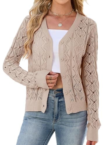 ZAFUL Womens Crochet Cardigan Cotton Long Sleeve Sweaters Trendy Lightweight Button Down Knit Shrugs Tops Apricot M - Image 1