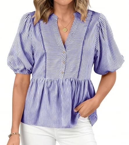 dowerme Womens Summer Tops 2026 Fashion Lantern Short Sleeve V Neck Button Peplum Shirts Spring Stripes Babydoll Blouses(Dark Blue,Large) - Image 1