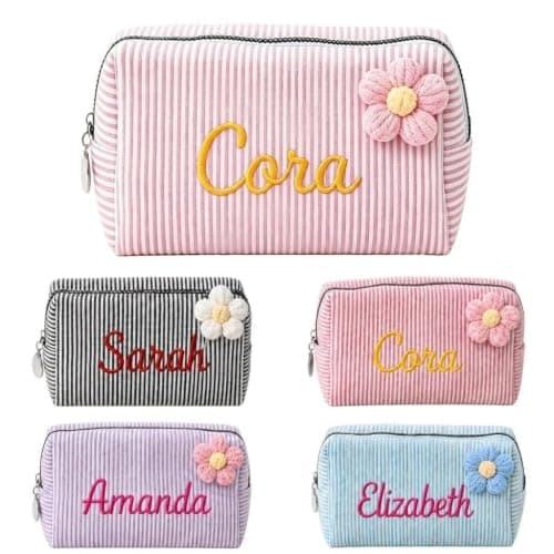 KEQHAULI Personalized Seersucker Makeup Bag – Custom Embroidered Name Cosmetic Bag, Monogram Toiletry Pouch for Women, Bridesmaid Bridal Proposal Gift, Travel Organizer for Girls, Mom, Best Friend