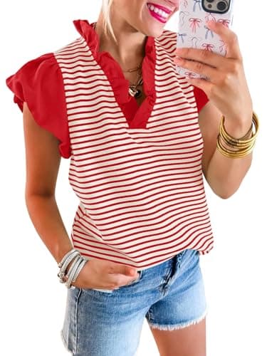 Tankaneo Womens Ruffle Cap Sleeve Tank Tops Cute Summer Striped Shirts Puff Sleeve Pleated V Neck Blouse Red - Image 1