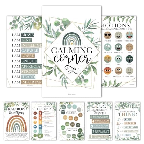 Hadley Designs 8 Calming Corner Posters for Classroom Must Haves -Calm Down Corner Supplies with Emotions Chart,School Counselor Mental Health Poster, Feelings Chart For Kids, Greenery Classroom Decor - Image 1