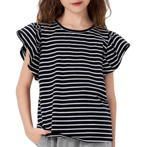 MIANZHI Girls Summer Shirts Kids Striped Ruffle Sleeve T Shirts Crew Neck Casual Tops Cute Short Sleeve Tees 5-14 Years - Image 1