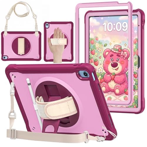 ProCase Kids Case for iPad A16 11th Gen 11" 2025/iPad 10th Gen 10.9" 2022 with Screen Protector, Fully-Body Shockproof Rugged Protective Cover with Rotatale Stand Hand/Shoulder Strap -Raspberry - Image 1
