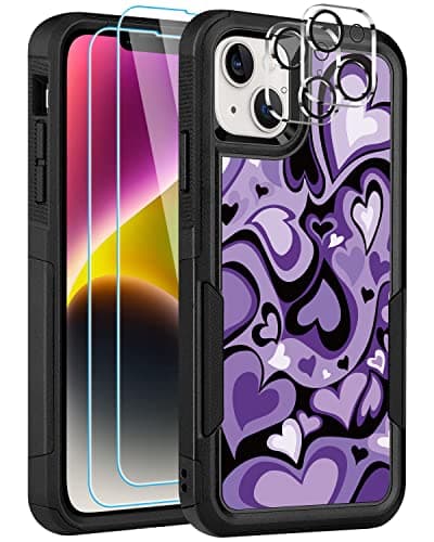 LOQUPE [5 in 1 for iPhone 14 Plus Case,with 2 Pack Screen Protector + 2 Pack Camera Lens Protector,Heavy-Duty Tough Rugged Lightweight Slim Shockproof Protective Case for Women,Cute Purple Heart - Image 1