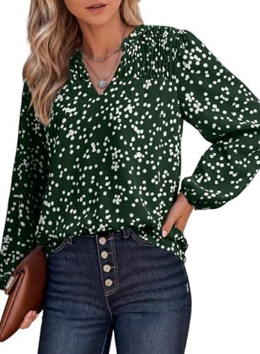 Dokotoo Women's Tops, Tees & Blouses Fall Summer V Neck Long Sleeve Blouses for Women Dressy Casual Button Down Shirts Babydoll Fashion Clothing Western Outfit Ladies Top and Blouse Green M - Image 1