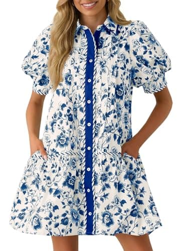 Wenrine Womens Mini Dress Summer Casual Short Puff Sleeve Floral Collared V Neck Loose Button Down Shirt Dress with Pockets Blue - Image 1