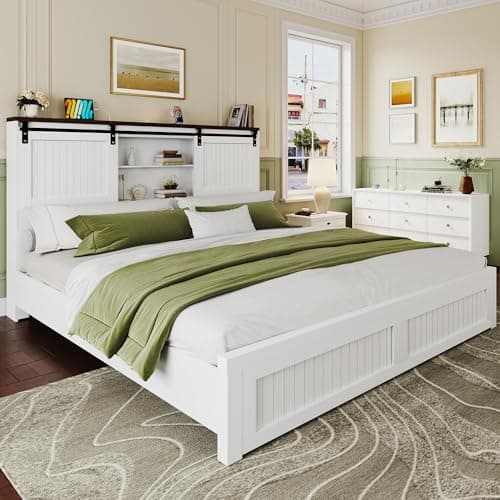 Uteeran King Size Bed Frame with Storage Headboard, Sliding Barn Door, Wood Platform Bed with Reading Light and Charging Station, Wood Slats Support, Easy Assembly, Noise-Free, Antique White - Image 1