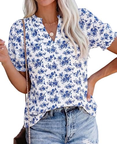 PRETTYGARDEN Summer Short Sleeve V Neck Shirts for Women 2026 Trendy Floral Print Loose Ruffle Tops Business Casual Blouses (White Blue Flower,Medium) - Image 1