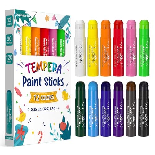 JUPITEARTH 12 Colors Tempera Paint Sticks with 120 PDF Coloring Pages and 30 Stickers, Quick Drying, Smooth, Non-Toxic and Washable Paint Sticks for Kids Drawing on Pumpkin, Wood, Rock, Glass - Image 1