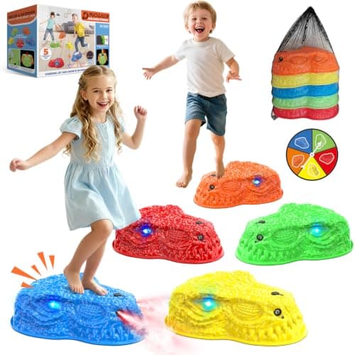 Dinosaur Toys for Kids 3-5, Mist Spraying Dino Roaring & Light up Stepping Stones for Kids, Indoor & Outdoor Durable Non-Slip Sensory Balance Stones with 5 Rechargeable Batteries, Great Toddlers Gift - Image 1