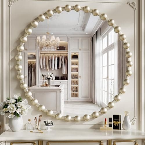 WISSMIELS Round Vanity Wall Mirror, 36 Inch Beaded Frame Circle Mirror for Bathroom, Bedroom Dresser, Entryway, Living Room, Decorative Hanging Wall Mirror, Silver - Image 1