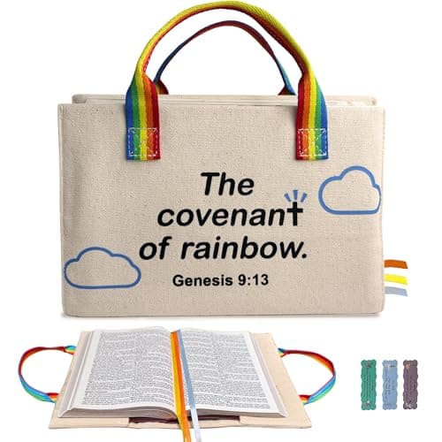 Bible Cover for Women, Zipper-Free Canvas Bible Case with Handle, Lay-Flat Design, Protective Lining, Exterior Pockets & Ribbon Bookmarks, Christian Gift for Women (2 Sizes) (Natural-Rainbow, Large) - Image 1