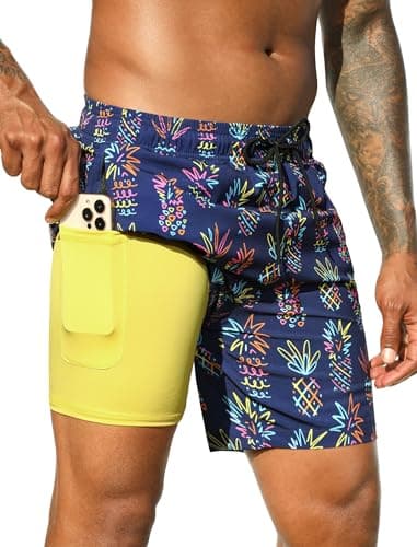 SILKWORLD Mens Swim Trunks with Compression Liner 5 Inch Inseam Swimming Trunk for Men Bathing Suit Board Shorts Swimwear Swimsuit, Pineapple Navy Blue, M - Image 1