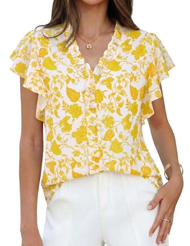 GRACE KARIN 2026 Boho Tops for Women Dressy Casual,Ruffle Sleeve Chiffon Blouses,V Neck Summer Fashion Clothes Yellow White L - Image 1