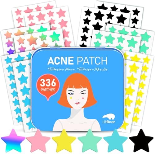 LitBear Acne Patch Pimple Patch, 6 Colors 336 Dots Star Pimple Patches with Tea Tree Oil & Centella Oil, Hydrocolloid Acne Pimple Patches for Face Cute Zit Patches Pimple Stickers Acne Dots - Image 1