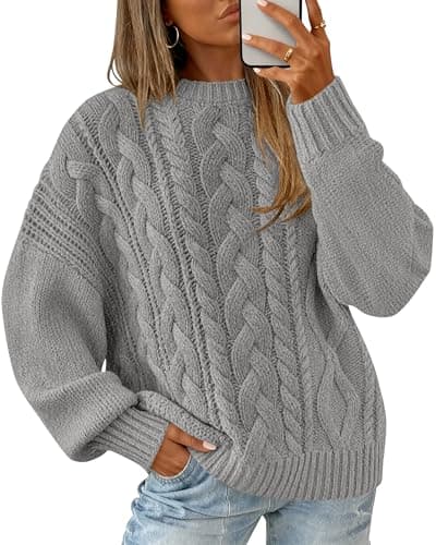 BTFBM Women's Oversized Sweaters 2025 Batwing Long Sleeve Cable Knit Crewneck Pullover Tops Fall Outfits Winter Clothing(Grey, Small) - Image 1