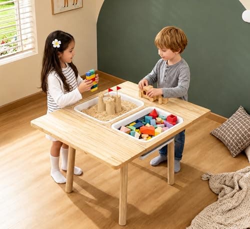 TTSZNB Large Solid Pine Wood Table with Flip Top, Activity Table with 2 Storage Bins & Double-Sided Board, Indoor/Outdoor Play Sand and Water, Multi-Functional Desk for Drawing Studying Dining - Image 1