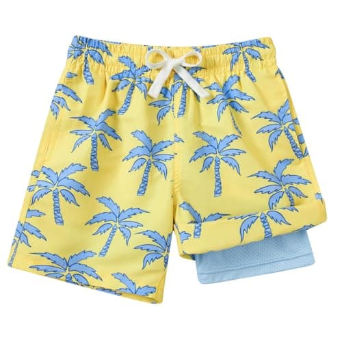 westwolf Kid Swim Trunks with Compression Liner Yellow Little Boys Bathing Suit Size 6 7 Yellow Palm Tree Summer Boy Swim Shorts School Board Shorts Travel Swim Suits - Image 1