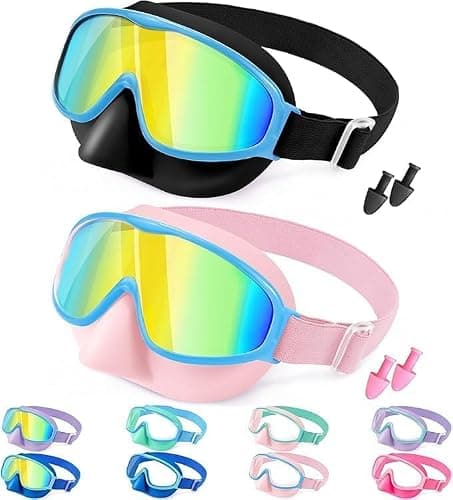 Vvinca Kids Goggles with Nose Cover Comfort Fabric Strap, Kids Swim Goggles Wide View Diving Mask Anti-Fog/UV No Leaking Swimming Goggles for 3-14 - Image 1
