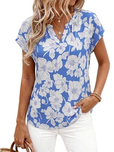 PRETTYGARDEN Floral Short Sleeve V Neck T Shirts for Women Loose Fit Curvy Hem Womens Summer Tops Business Casual Blouses (Floral Sky Blue White, Small) - Image 1