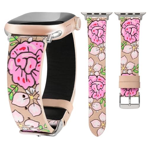 Moolia Floral Leather Band Compatible with Apple Watch Band 42/41/40/38mm Women, Cute Romantic Vintage Rose Pattern Strap for iWatch Series 11 10 9 8 7 6 5 4 3 2 1 SE/Ultra(1/2/3), Starlight/Baby Pink - Image 1