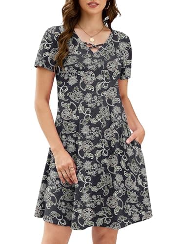 KORSIS Women's 2026 Trendy Dresses Summer Casual T-Shirt Short Sleeve Criss Cross V Neck Swing Teacher Pettite Maternity Flroal Dress with Pockets (S-2XL) - Image 1