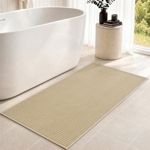 tchdio Bathroom Runner Rug, Absorbent Washable Thin Bath Mat, Non Slip Quick Dry Bath Rugs with Solid Rubber Backing, Low Profile Bath Mat, Beige, 24" x 48" - Image 1