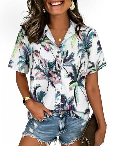 LILYCHIC Hawaiian Shirts for Women Summer Floral Tropical Print Short Sleeve Button Up Hawaii Luau Outfits White 2XL - Image 1