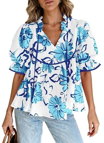 PRETTYGARDEN Womens Summer Tops 2026 Cute Puff Sleeve Ruffle V Neck Babydoll T-Shirts Boho Floral Fall Peplum Shirts(Light Blue Floral,Small) - Image 1