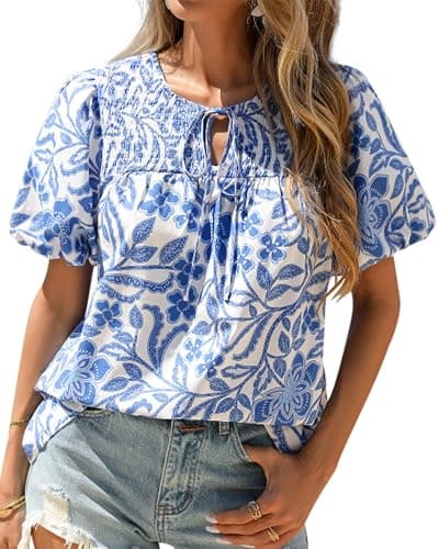 KIRUNDO Boho Tops for Women Summer 2026 Dressy Floral Blouse V Neck Drawstring Short Sleeve Shirts Beach Vacation Clothes(White Blue Flower, Small) - Image 1