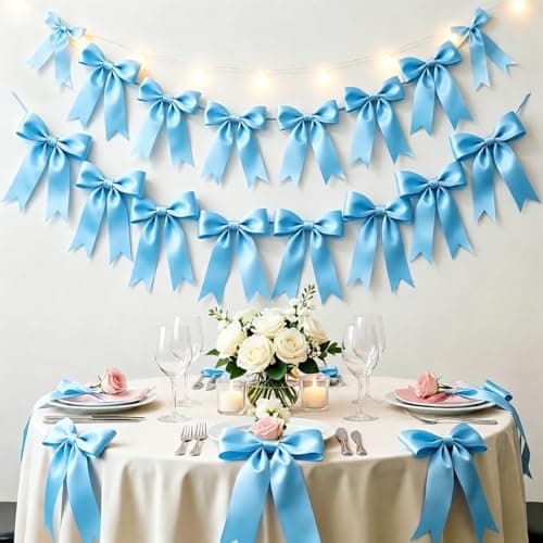 2 Strings Blue Bow Garland Banner, Pre-Strung Ribbon Bows Decorations for Birthday Party, Baby Girl Shower, Bridal Shower, Bachelorette Party, Girls Room, Wedding Decor, Christmas Tree Decorations - Image 1