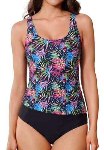 Trifabricy Tankini Swimsuits for Women - Two Piece Ruched Tummy Control Bathing Suits Adjustable Straps Women's Tankinis Swimsuit with Bikini Bottoms Colorful Leaves, Small - Image 1