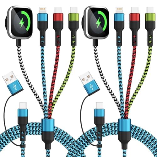 Travel Essentials,USB A/C 4 in 2 Multi Charging Cable for i Watch Charger/Type C Charger/IP Port,Travel Chargers for Multiple Devices, Portable Designed for iWatch &iPhone 17-8 (2, Blue&Black, 5FT) - Image 1