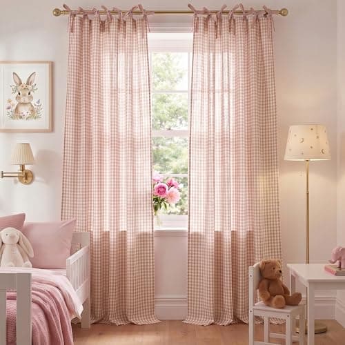NICETOWN Gingham Light Pink Curtains for Girls Room 84" Long with Adjustable Top Ties, Classic Buffalo Check Linen Textured Drapes, Sweet Pink & White Plaid French Country Decor, 52" Wide 2 Panels - Image 1