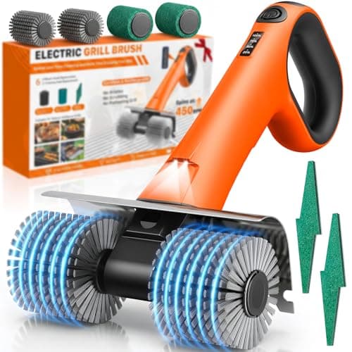Electric Grill Brush - Dual Rotating Heads Cordless BBQ Grill Cleaner, 450 RPM Motorized Power Grill Cleaning Brush with LED Light, 6-Piece Replaceable Brush Set Safe for Most Outdoor Grill Grates - Image 1