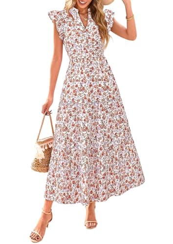 PRETTYGARDEN Women's 2026 Summer Floral Midi Dress Cap Sleeve V Neck Ruffle Long Flowy Boho Casual Beach Vacation Dresses (Floral White Orange,Large) - Image 1
