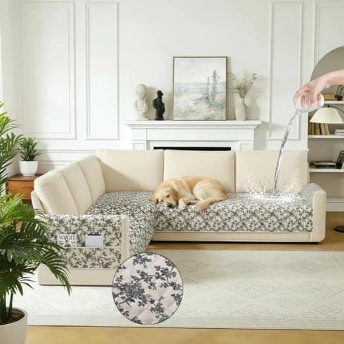 ALIECOM L Shaped Couch Cover for Sectional Sofa Waterproof Sofa Slipcover Non Slip Corner Couch Covers for Dogs Cats (X-Large, Beige & Black)